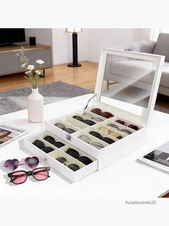 18/20 Slot Sunglass Organizer Leather Eyeglass Storage Case Display Box